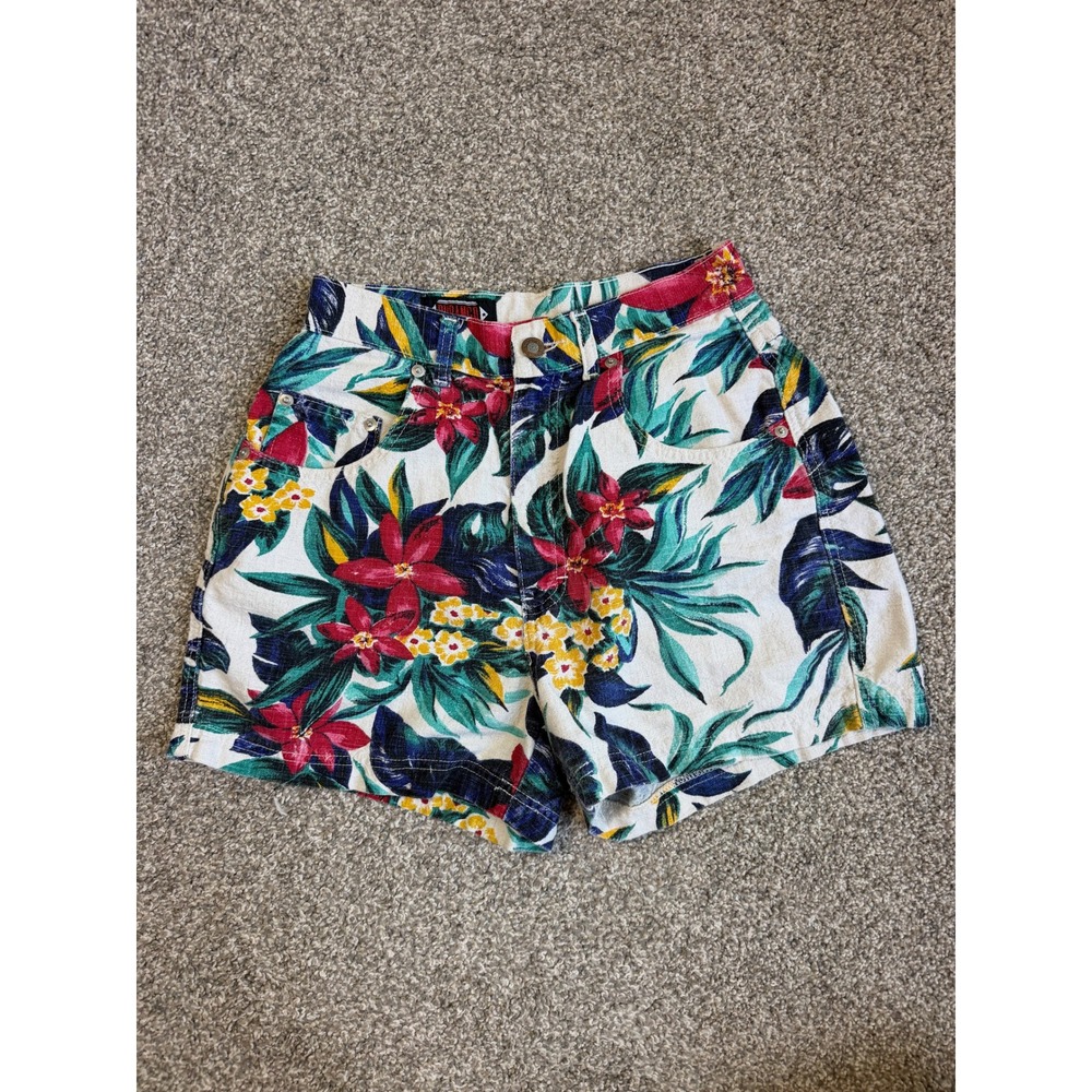 Vintage Durango Women Floral Tropical Cotton Flax High Waisted Shorts Size 7